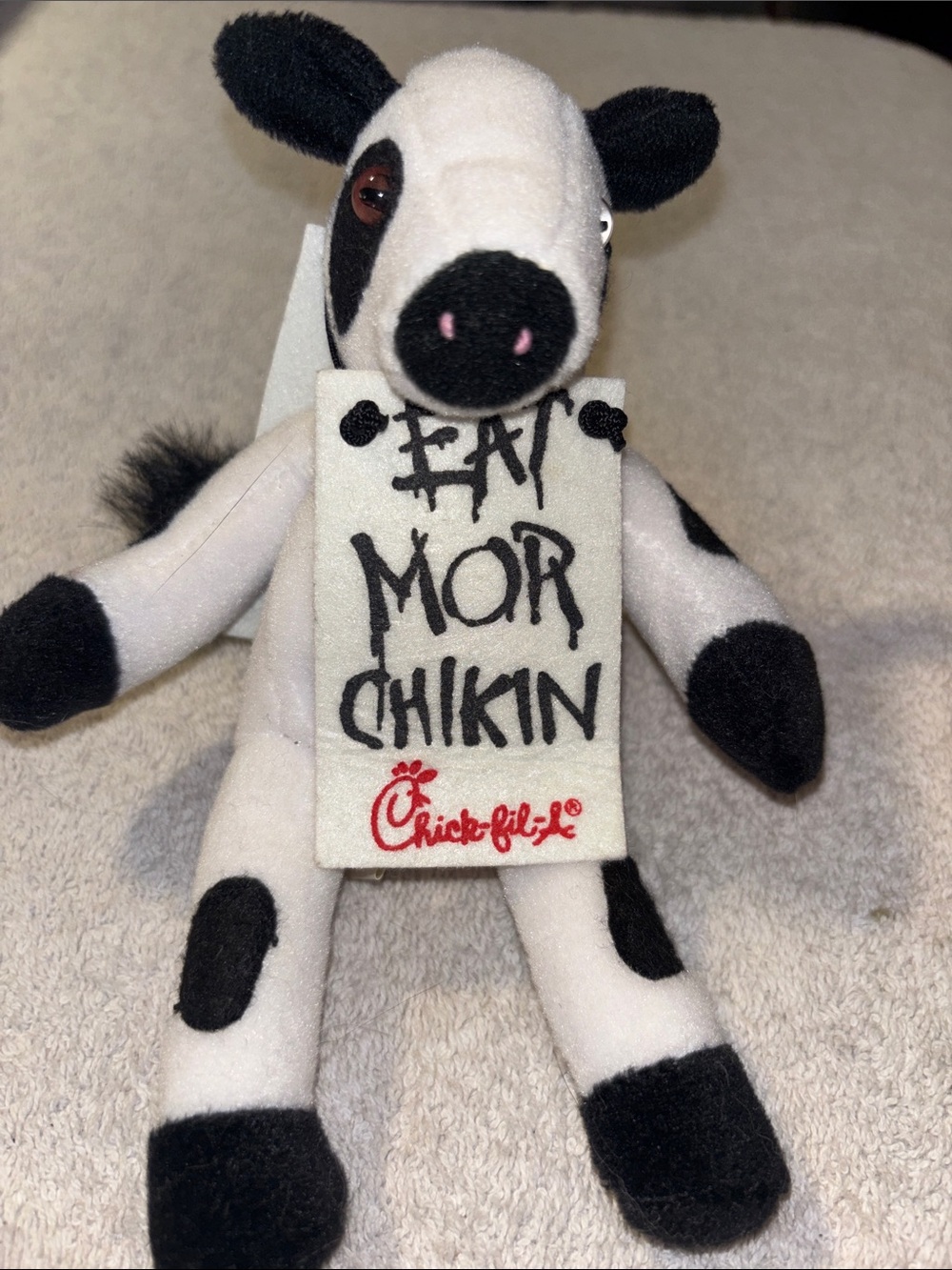 Black & White Cow Plush Toy with ‘Eat Mor Chikin’ Sign - Picture 3 of 3